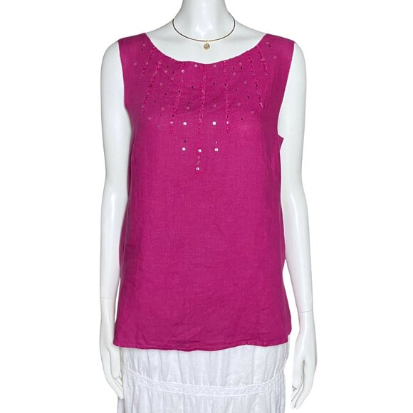 Vintage Y2K 100% Linen Magenta Beaded Susan Bristol Tank Top Medium Beachy Boho - Picture 2 of 9